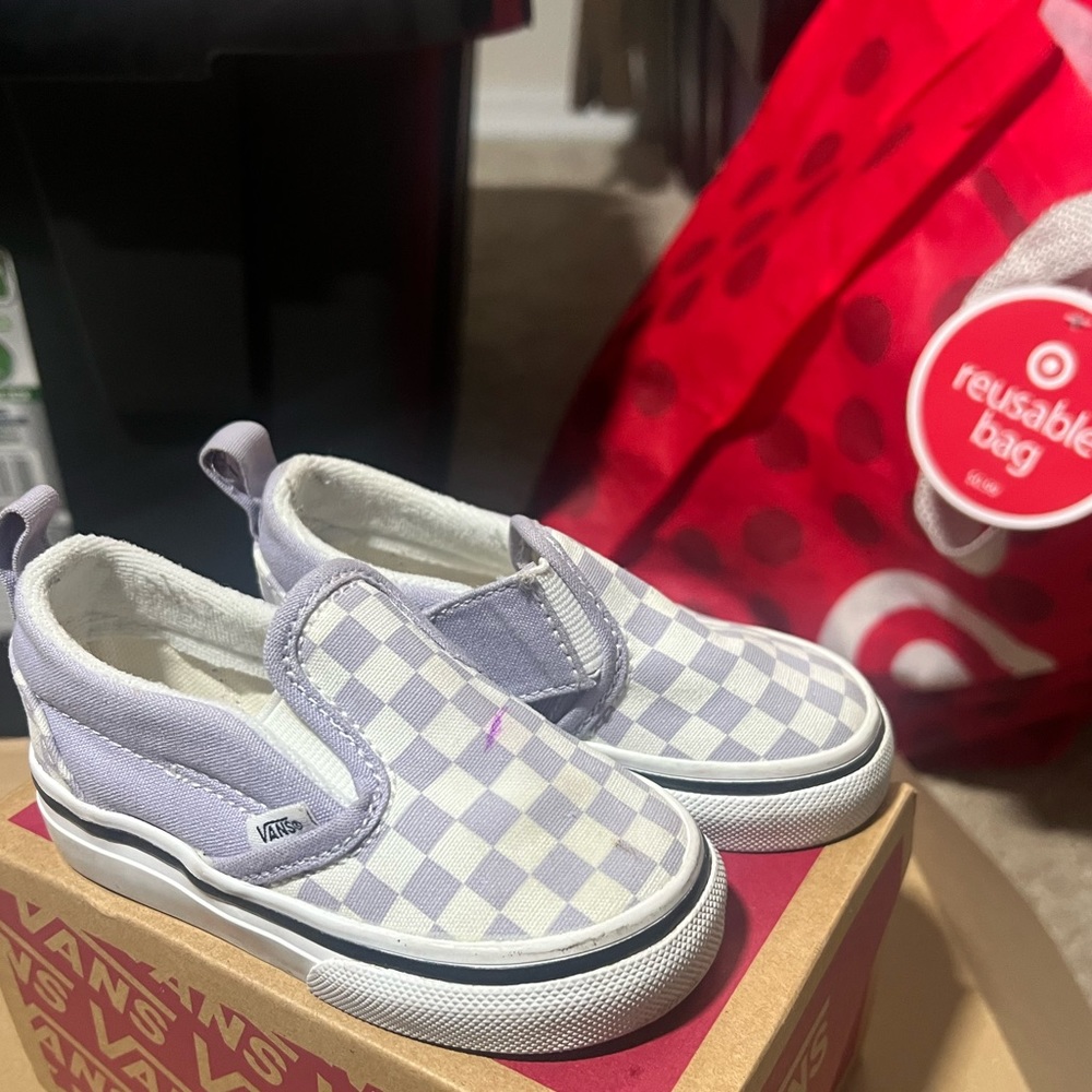 Slip on baby vans size 5 purple and white checker